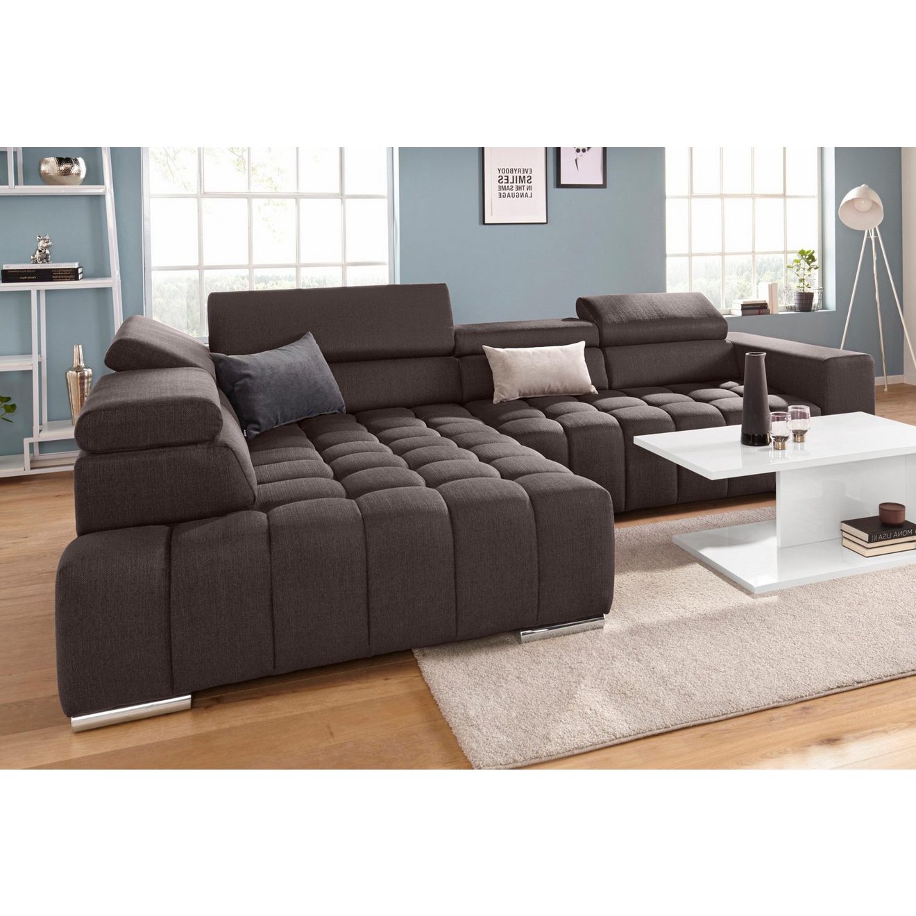 Exxpo - sofa fashion Hoekbank Elias, actuele kruissteek in de zitting, comfortabel, L-vorm met verstelbare hoofdsteun resp. rugleuning, naar keuze met slaapfunctie
