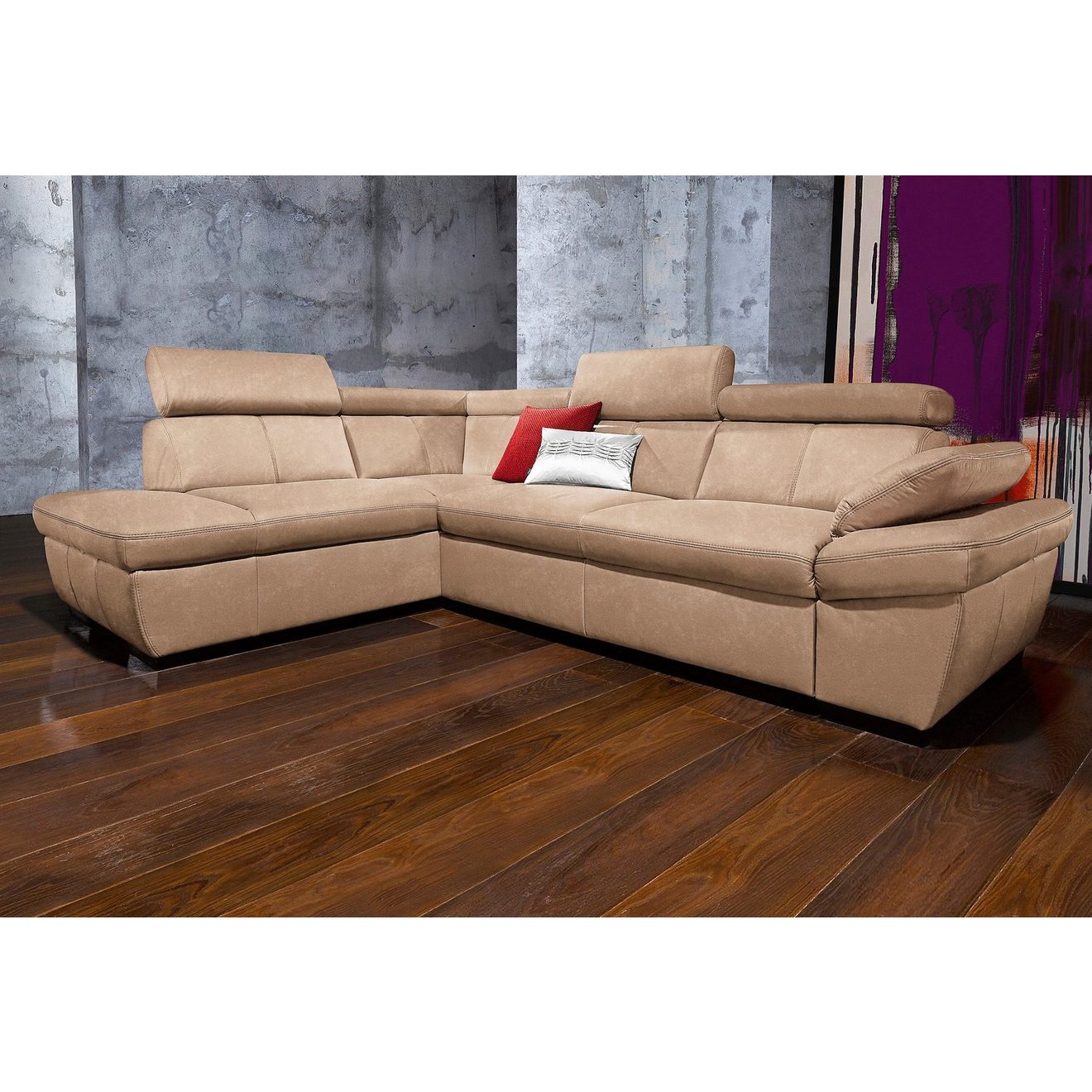 Exxpo - sofa fashion Hoekbank Salerno, klassieke moderne functionele bank, hoog zitcomfort, L-vorm inclusief verstelbare hoofdsteun en armleuning, naar keuze met slaapfunctie