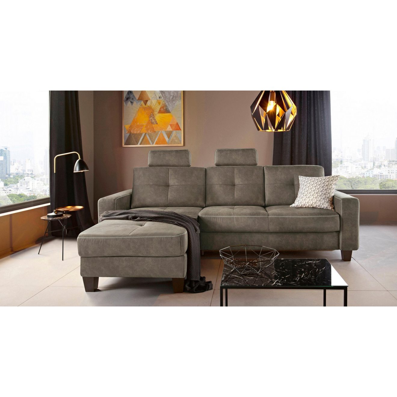 Places of Style Hoekbank Varese L-vorm Kruisnaad in beige