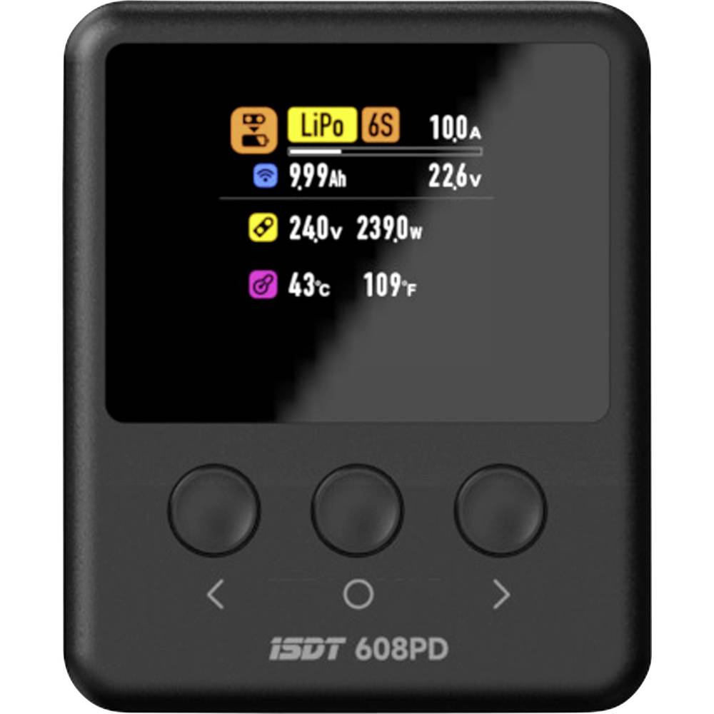 ISDT 608PD Smart Multifunctionele modelbouwlader 10 A LiFePO, Li-poly, LiHV, NiMH Ontlaadfunctie, Grafische weergave, Instelbare laadstroom, USB-laaduitgang