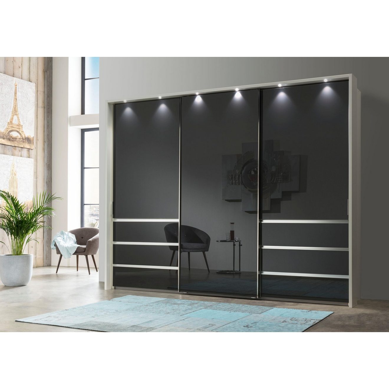 WIEMANN Zweefdeurkast Malibu, stijlvolle design, gemaakt in Duitsland met glazen front, in verschillende breedten, zelfsluitende laden