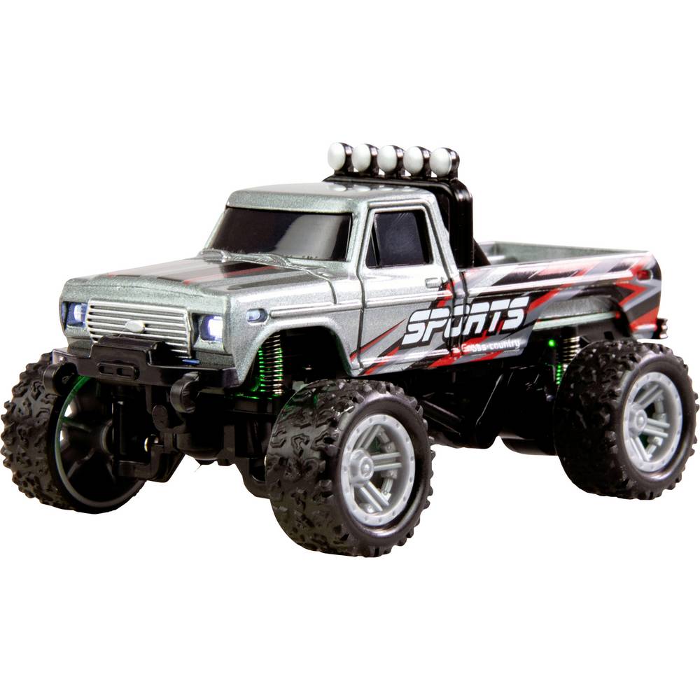 Amewi Grijs Brushed 1:64 RC auto Elektro Monstertruck Achterwielaandrijving RTR 2,4 GHz Incl. accu en laadkabel, Met lichteffect