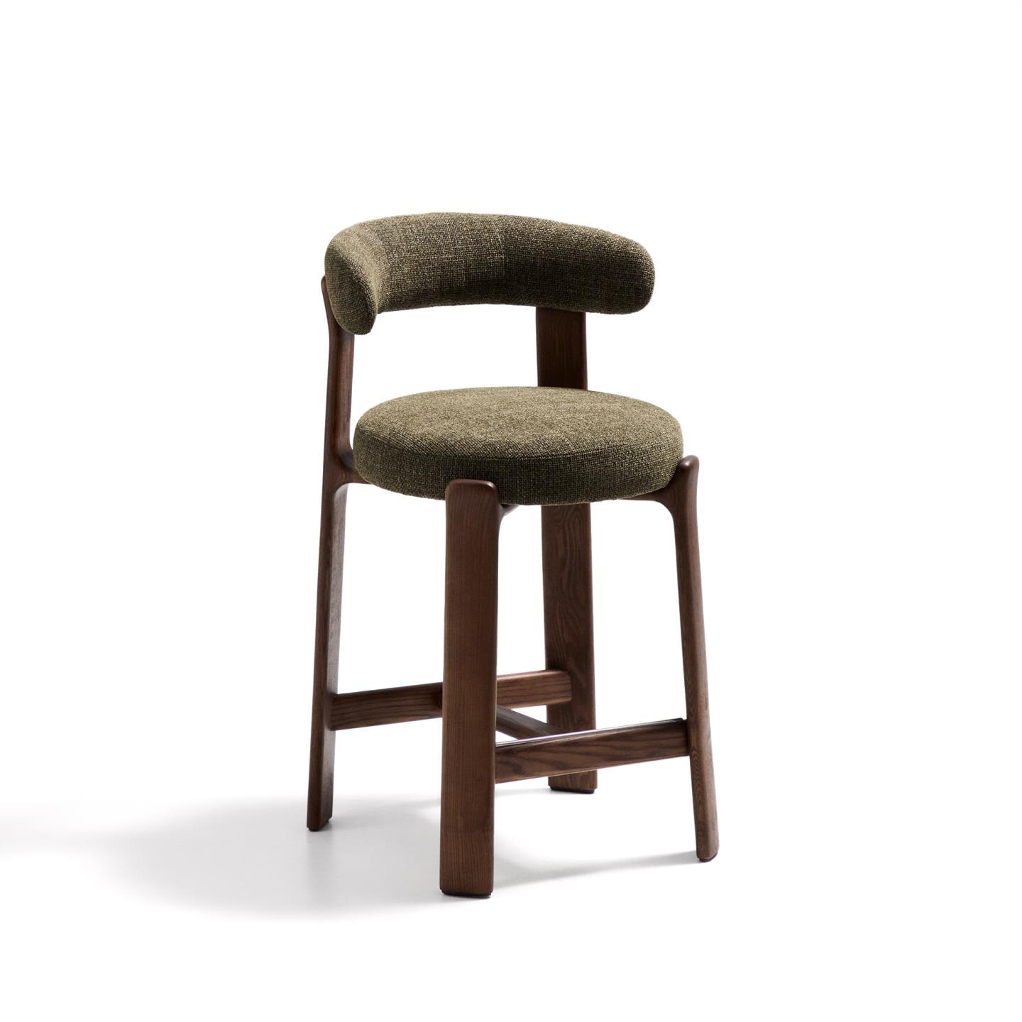 Kave Home Barkruk Granite Chenille en essenhout - Groen/Bruin (zithoogte 65cm)