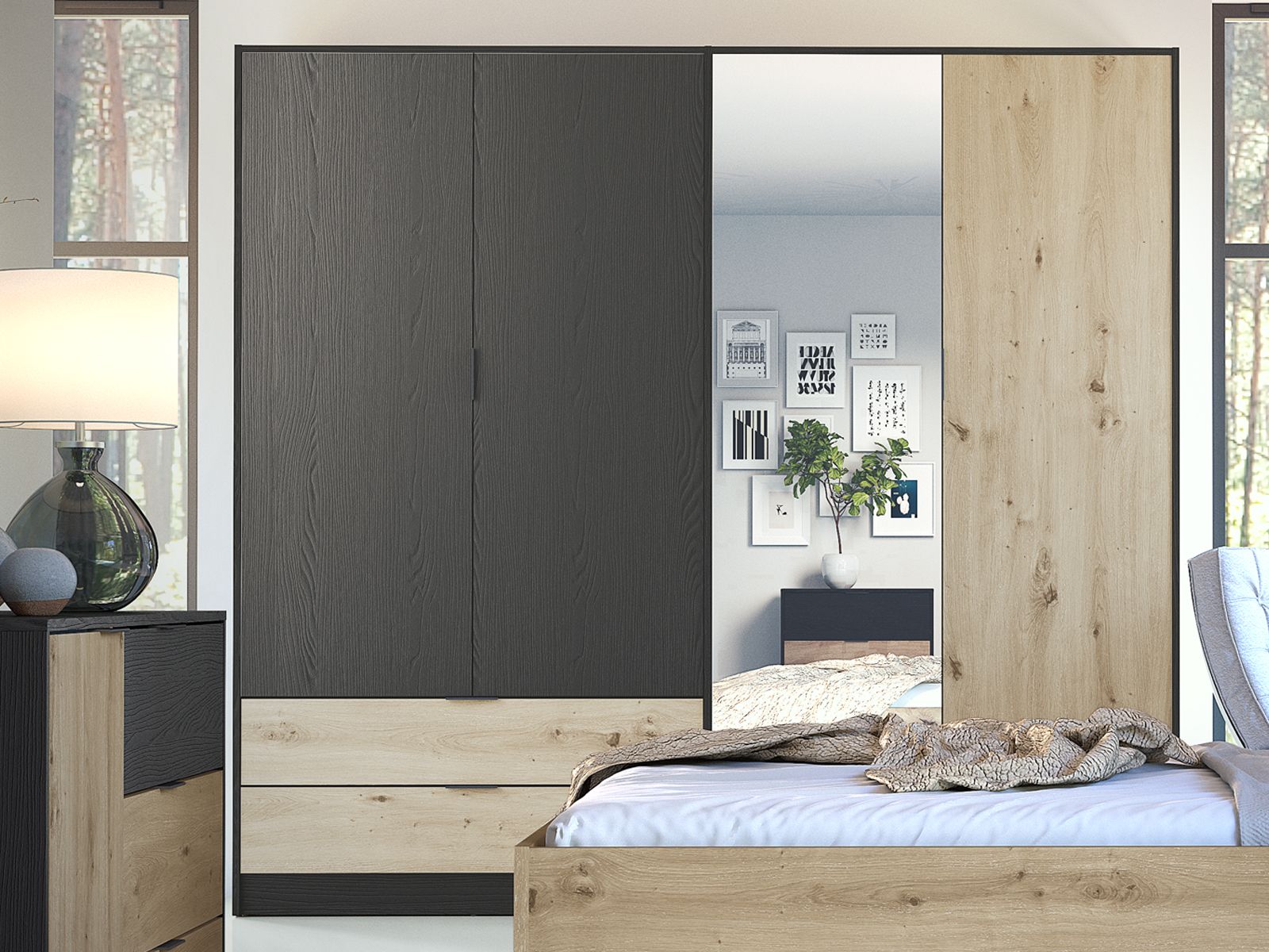 Mobistoxx Kledingkast UMPAL 4 deuren 2 lades grafiet/artisan eik