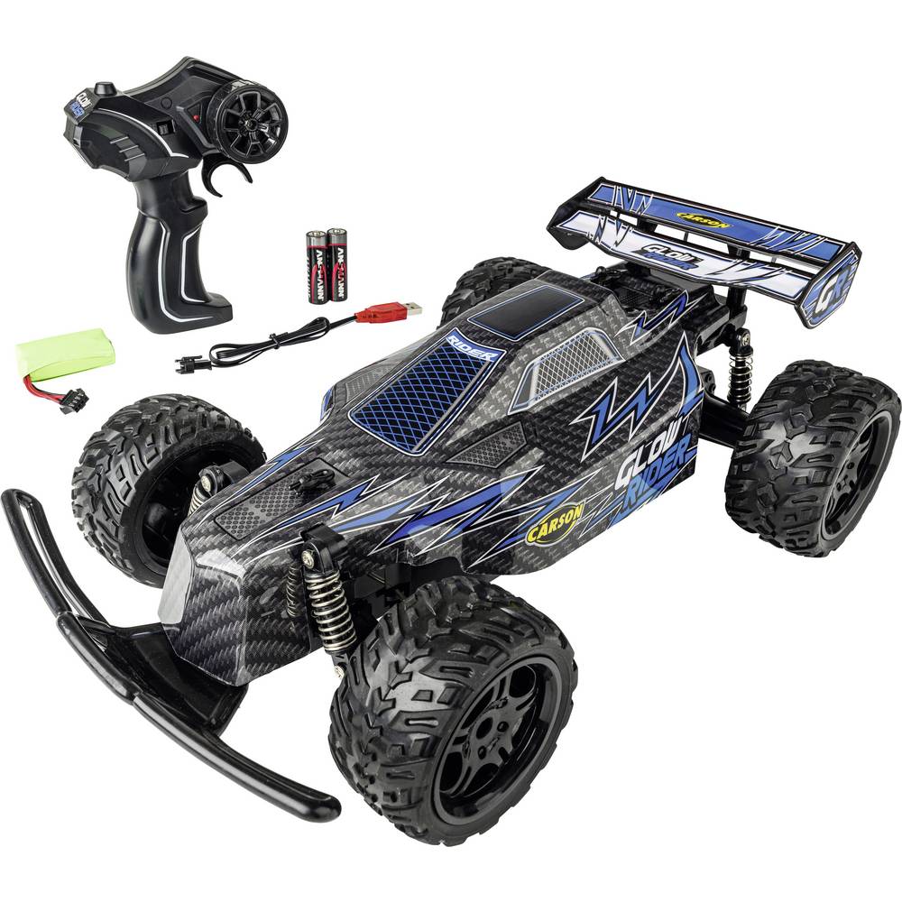 Carson Modellsport Glow Rider Blauw 1:12 RC auto Elektro Buggy 100% RTR 2,4 GHz Incl. accu, oplader en batterijen voor de zender