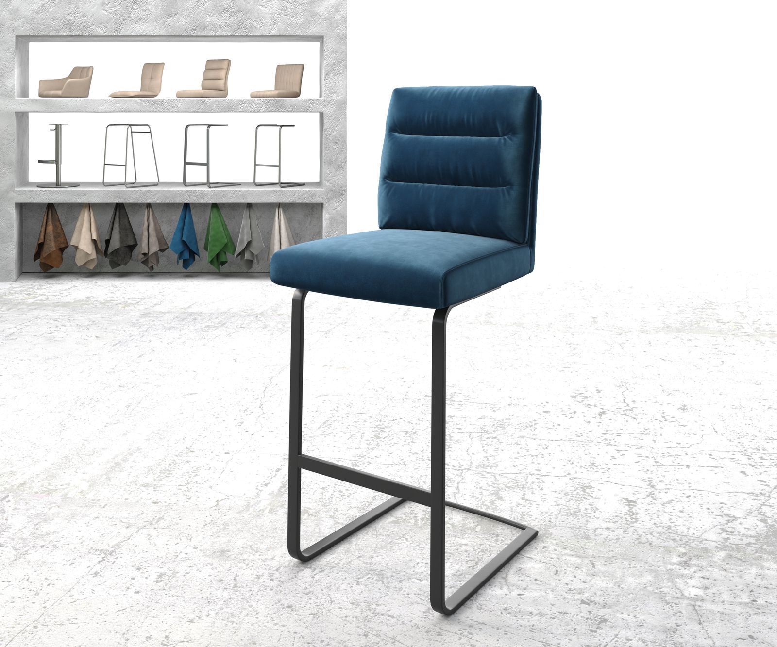 DELIFE Barstuhl Pela-Flex Samt Blau Freischwinger flach Metall