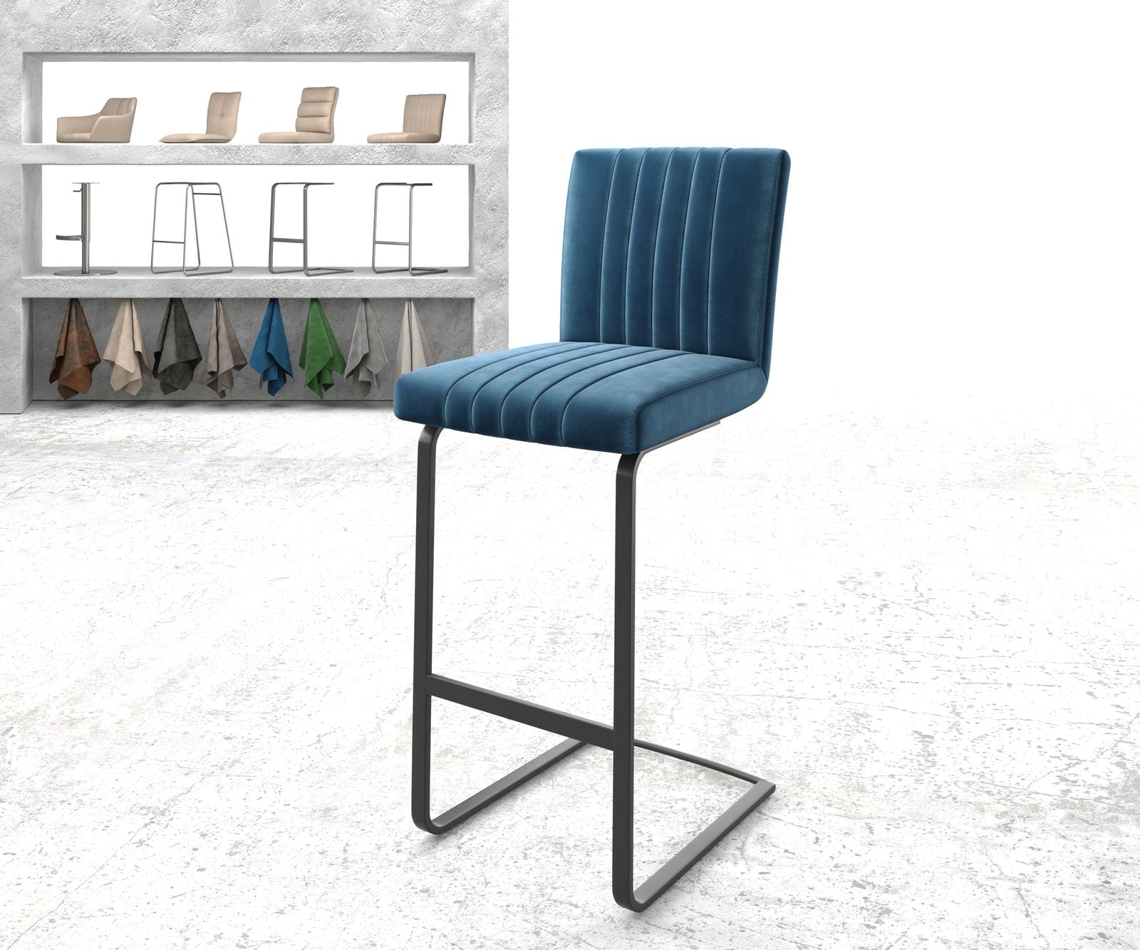 DELIFE Barstuhl Luiga-Flex Samt Blau Freischwinger flach Metall