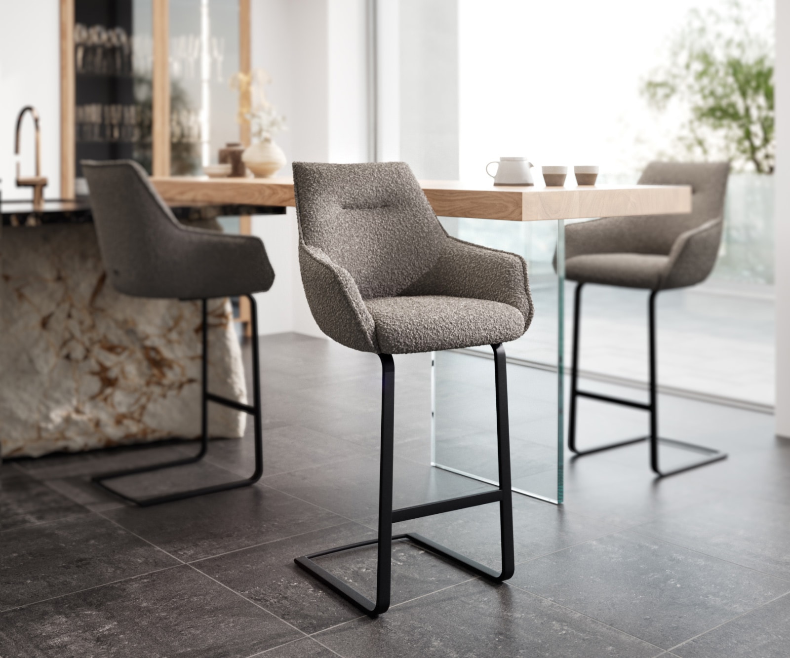 DELIFE Barstuhl Alja-Flex Bouclé Silbergrau Freischwinger flach Metall Schwarz Taschenfederkern
