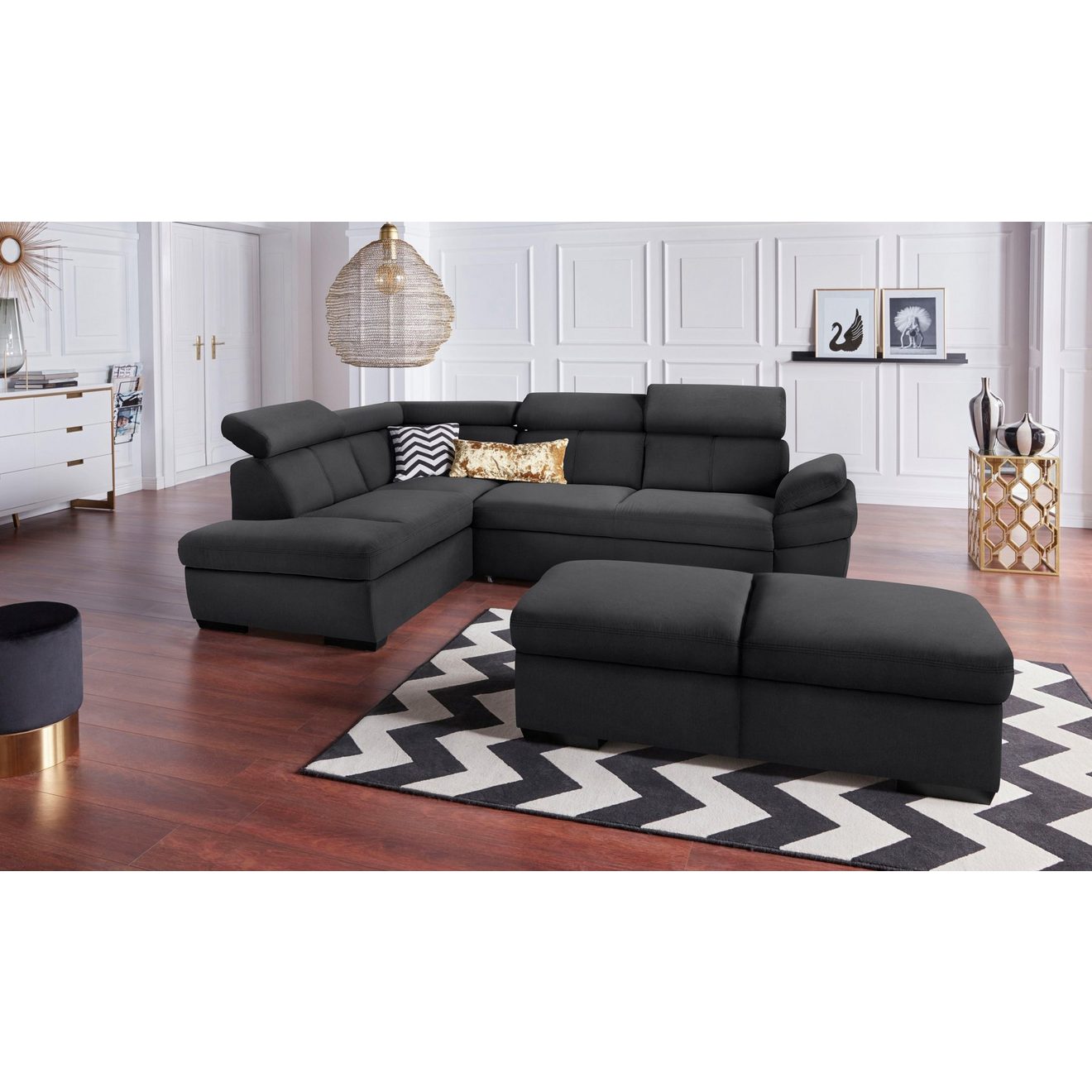 Exxpo - sofa fashion Hoekbank Salerno, klassieke moderne functionele bank, hoog zitcomfort, L-vorm inclusief verstelbare hoofdsteun en armleuning, naar keuze met slaapfunctie
