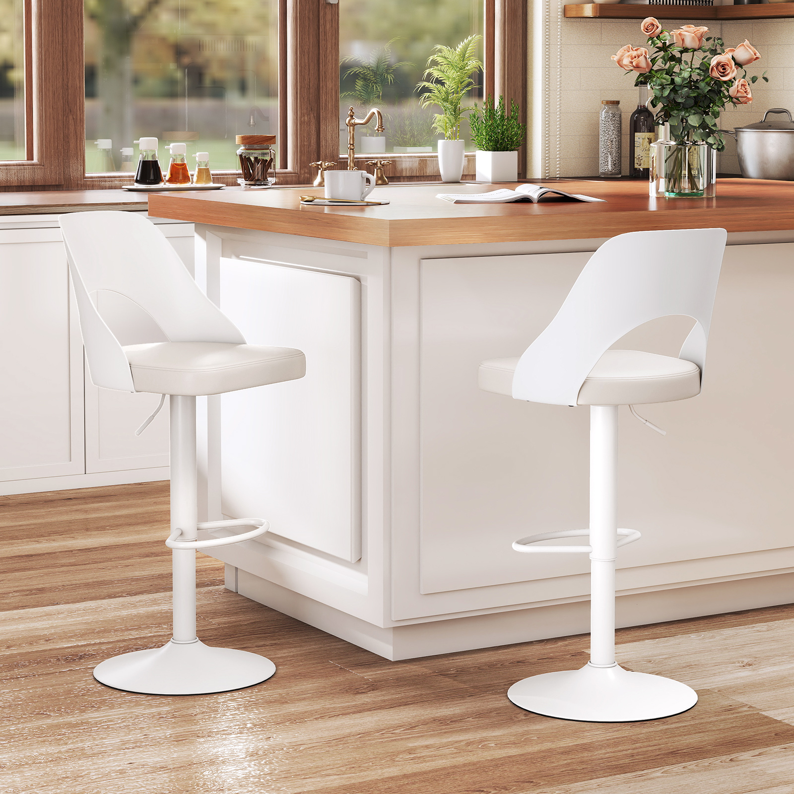 Costway Barhocker 2er Set Barkrukken 360° Draaibaar in Hoogte Verstelbare Draaistoel Keukenstoelen met Kunstlederen Zitting en Rugleuning Wit