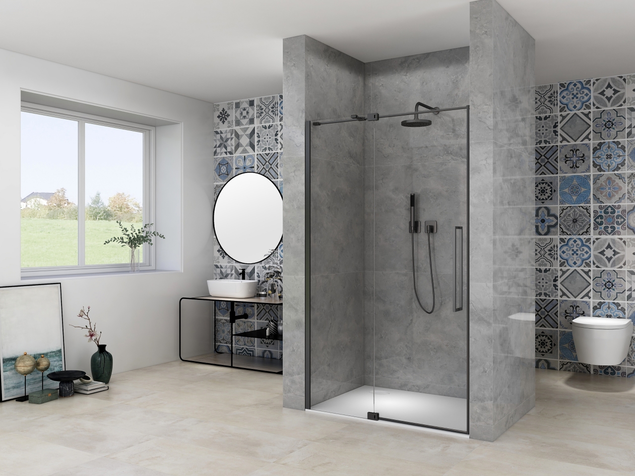 Van Rijn Nisdeur  Products ST08 Draaideur 2-Delig 90x200 cm 8 mm Helder Glas Incl. Muurprofiel, Greep en Stabilisatiestang Mat Zwart