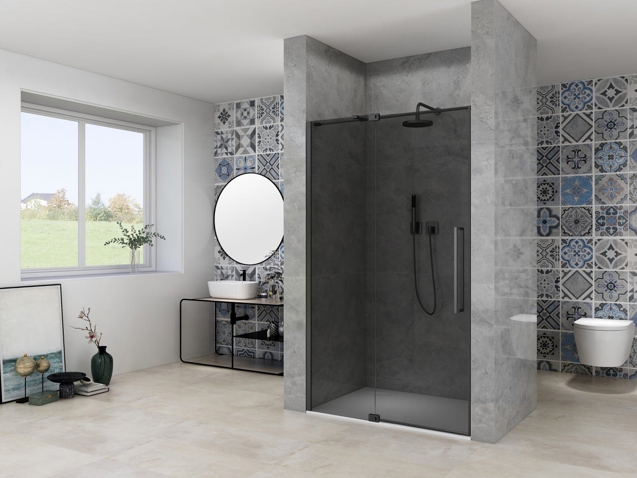 Van Rijn Nisdeur  Products ST08 Draaideur 2-Delig 90x200 cm 8 mm Rookglas Incl. Muurprofiel, Greep en Stabilisatiestang Mat Zwart