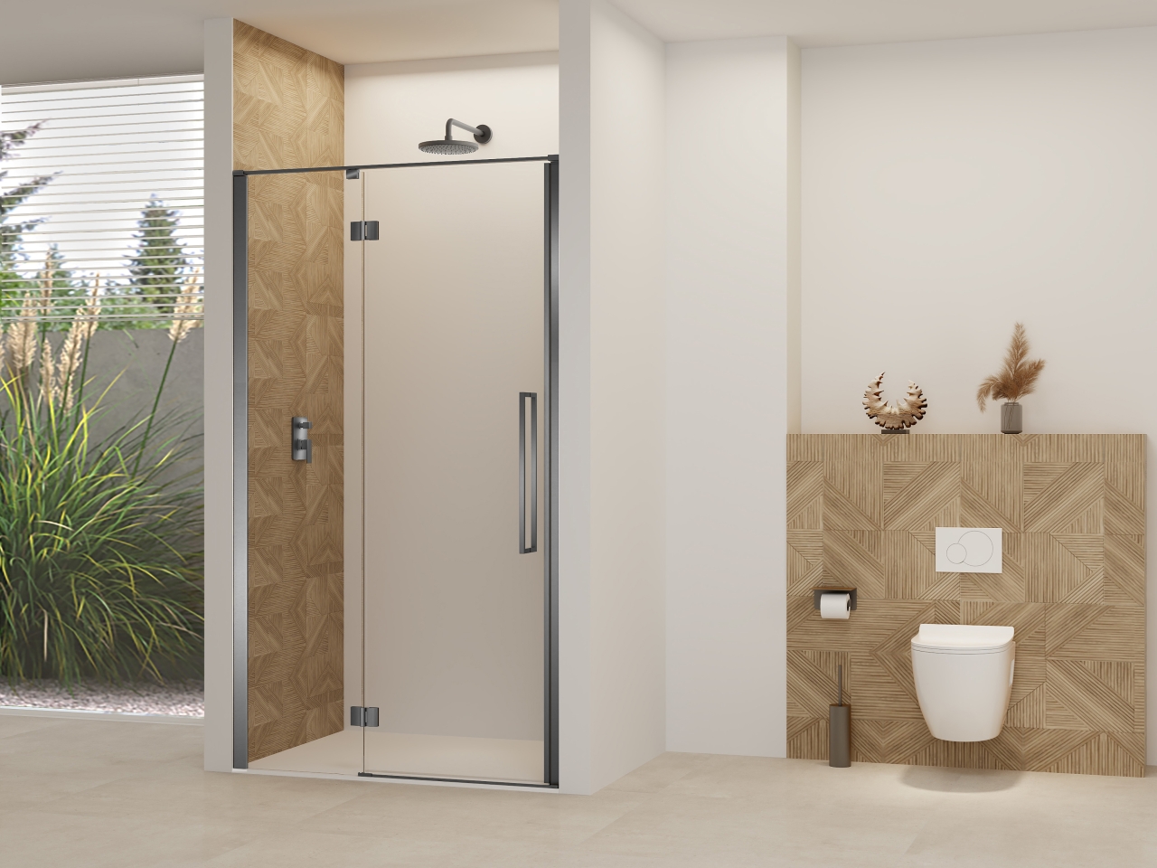 Van Rijn Nisdeur  Products ST07 Aan Vast Deel 90x200 cm 8 mm Helder Glas Incl. Beslag, Greep en Stabilisatiestang Geborsteld Gunmetal