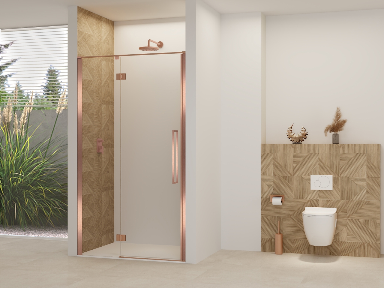 Van Rijn Nisdeur  Products ST07 Aan Vast Deel 90x200 cm 8 mm Helder Glas Incl. Beslag, Greep en Stabilisatiestang Geborsteld Koper