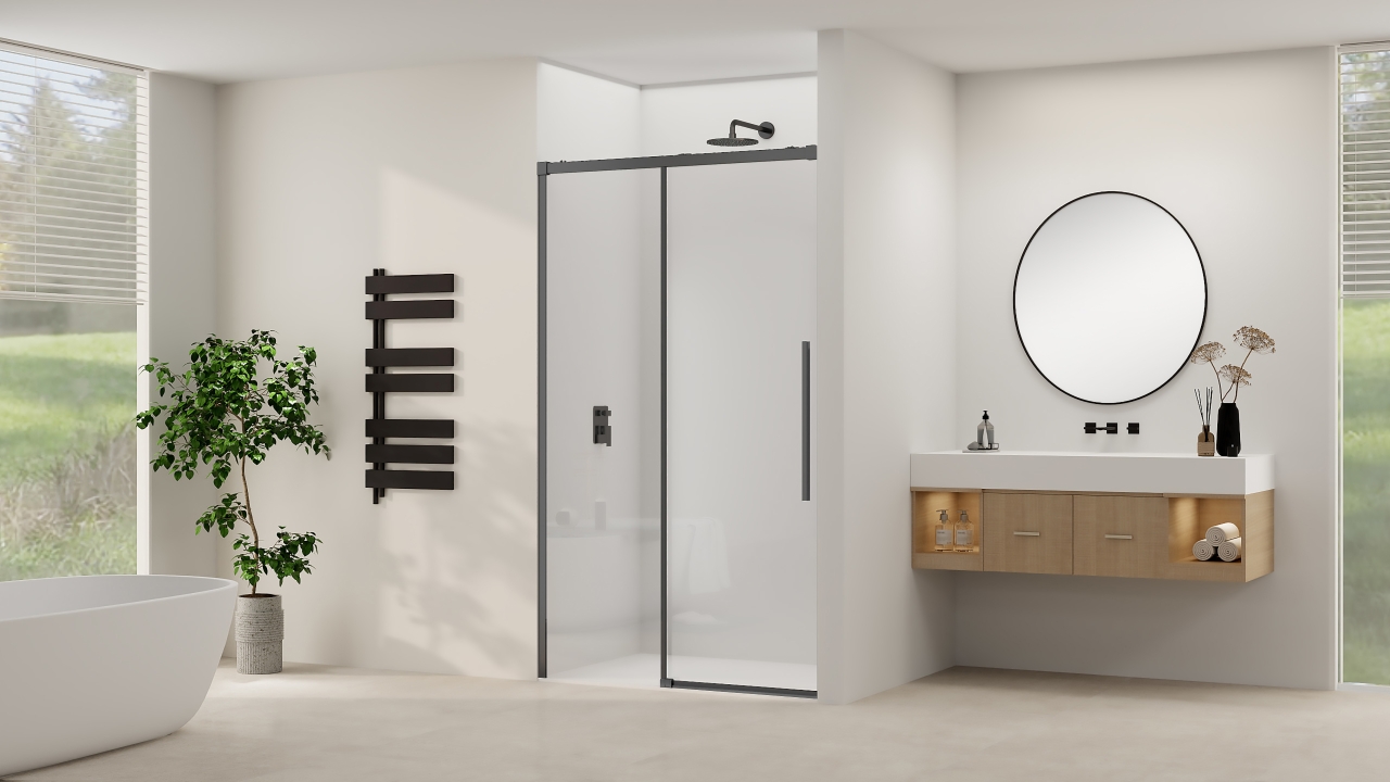 Van Rijn Schuifdeur  Products ST09 Aan Vast Deel 120x200 cm 8 mm Helder Glas Softclose Incl. Beslag en Greep Mat Zwart