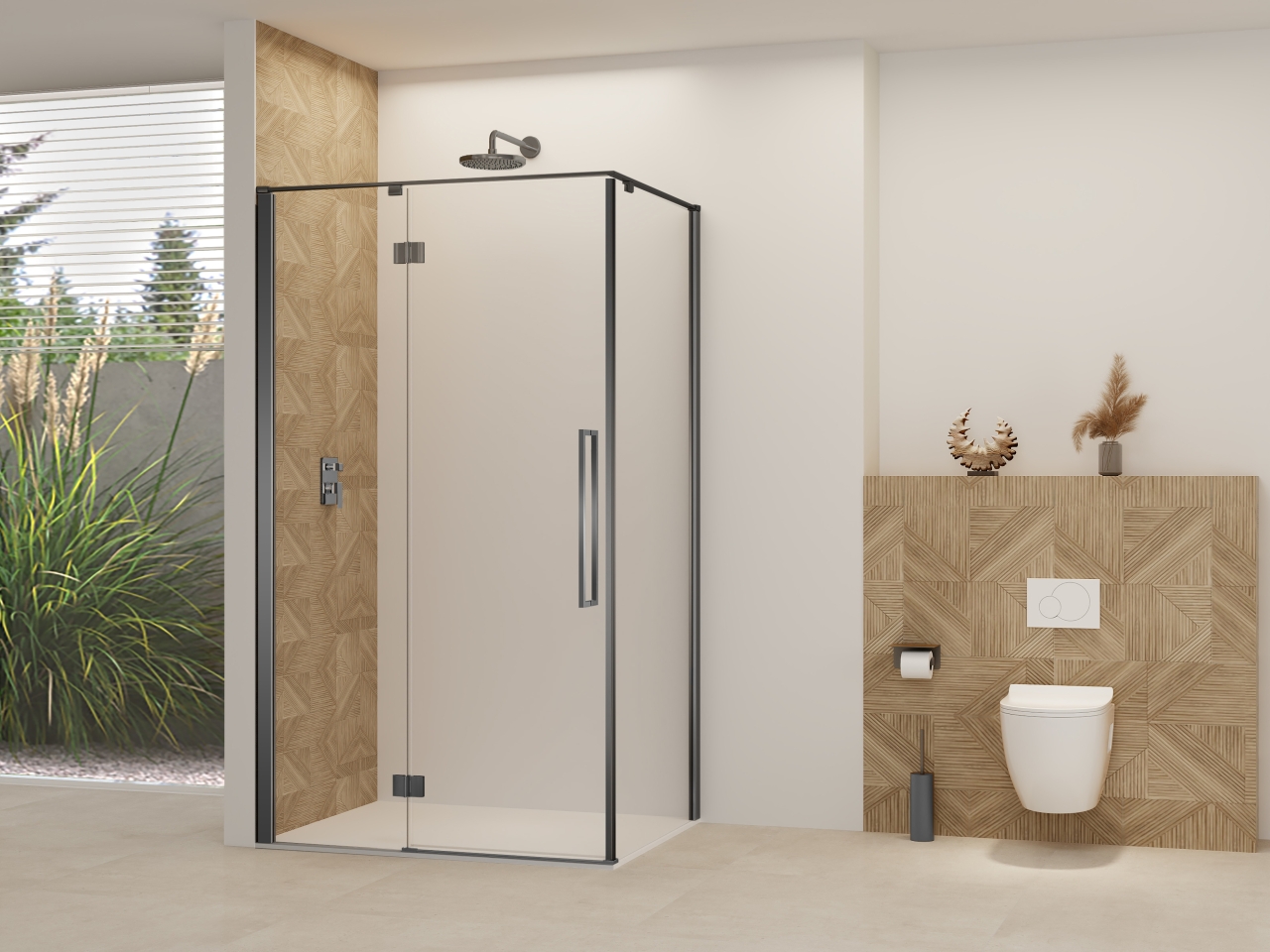 Van Rijn Nisdeur  Products ST07 Voor Hoekcabine 90x200 cm 8 mm Helder Glas Incl. Beslag, Greep en Stabilisatiestang Geborsteld Gunmetal