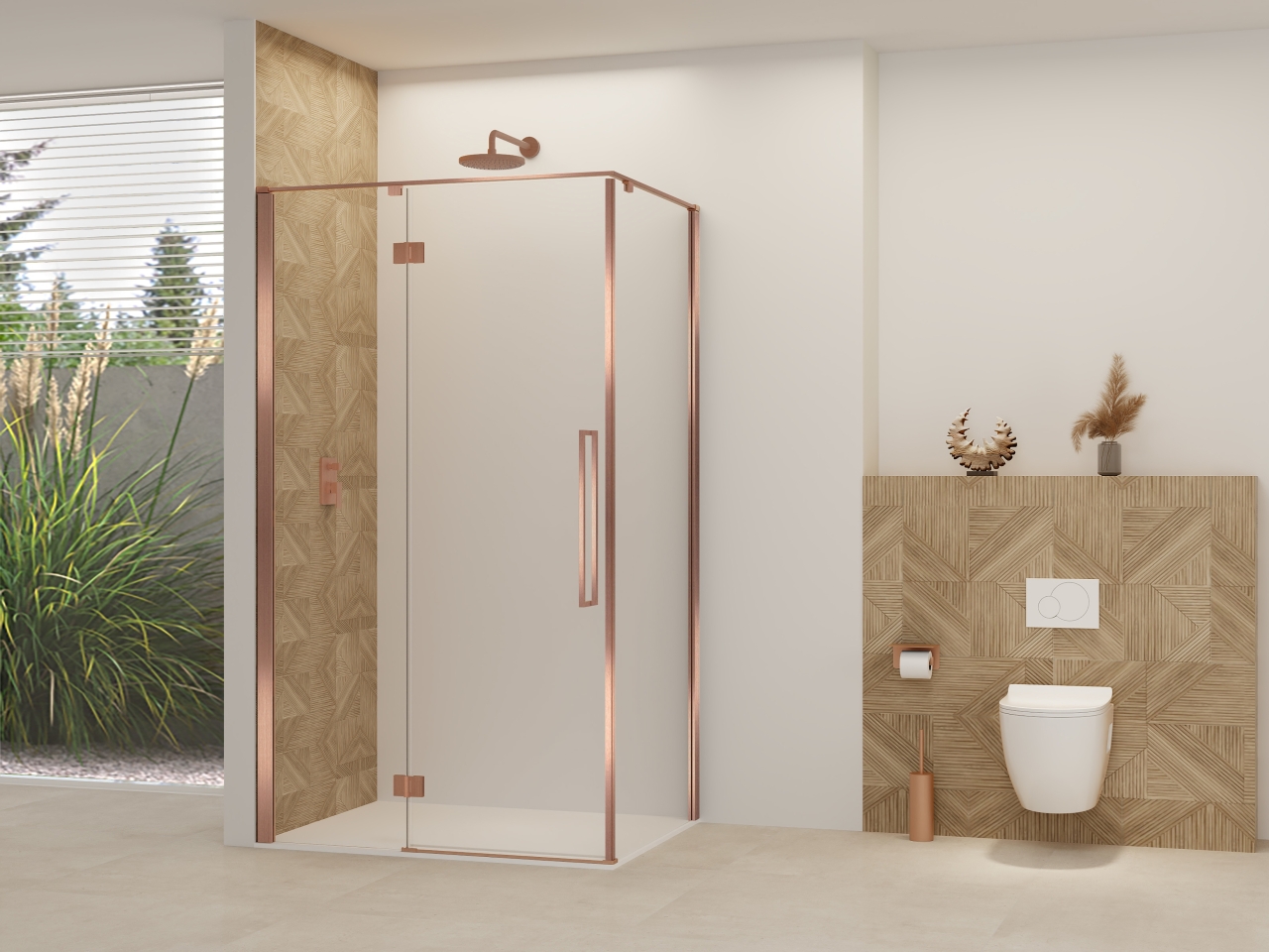 Van Rijn Nisdeur  Products ST07 Voor Hoekcabine 90x200 cm 8 mm Helder Glas Incl. Beslag, Greep en Stabilisatiestang Geborsteld Koper