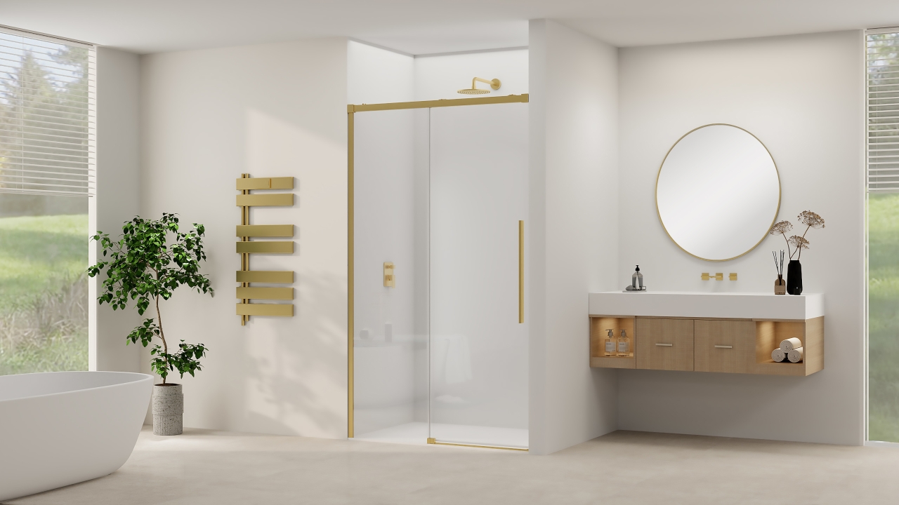 Van Rijn Schuifdeur  Products ST09 Aan Vast Deel 120x200 cm 8 mm Helder Glas Softclose Incl. Beslag en Greep Geborsteld Messing