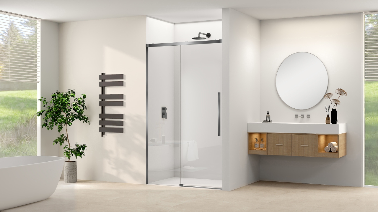 Van Rijn Schuifdeur  Products ST09 Aan Vast Deel 120x200 cm 8 mm Helder Glas Softclose Incl. Beslag en Greep Geborsteld Gunmetal