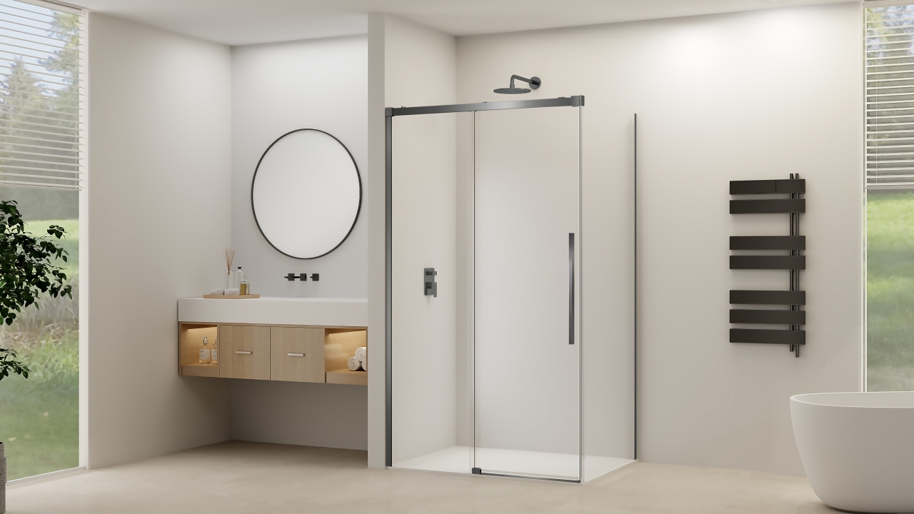 Van Rijn Schuifdeur  Products ST09 Voor Hoekcabine 120x200 cm 8 mm Helder Glas Softclose Incl. Beslag Geborsteld Gunmetal