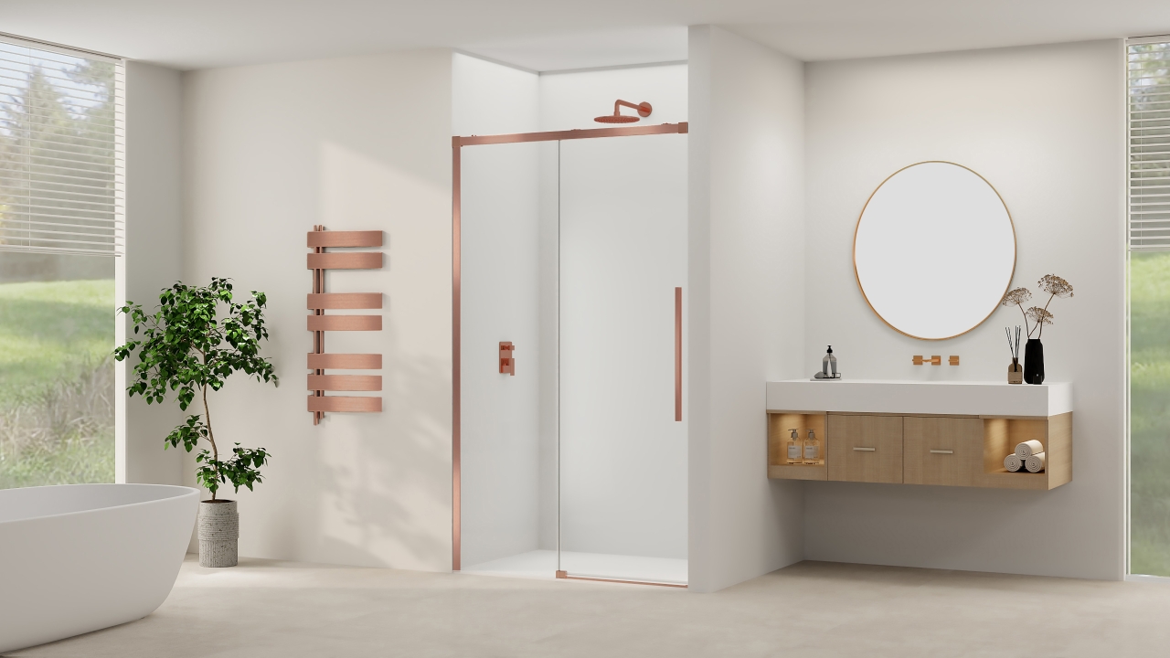 Van Rijn Schuifdeur  Products ST09 Aan Vast Deel 120x200 cm 8 mm Helder Glas Softclose Incl. Beslag en Greep Geborsteld Koper