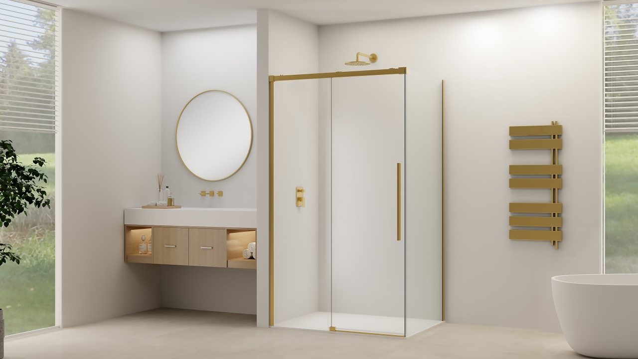 Van Rijn Schuifdeur  Products ST09 Voor Hoekcabine 120x200 cm 8 mm Helder Glas Softclose Incl. Beslag Geborsteld Messing