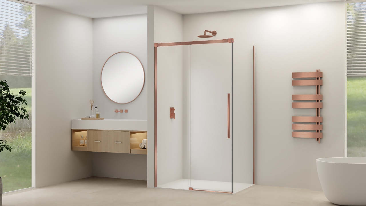 Van Rijn Schuifdeur  Products ST09 Voor Hoekcabine 120x200 cm 8 mm Helder Glas Softclose Incl. Beslag Geborsteld Koper