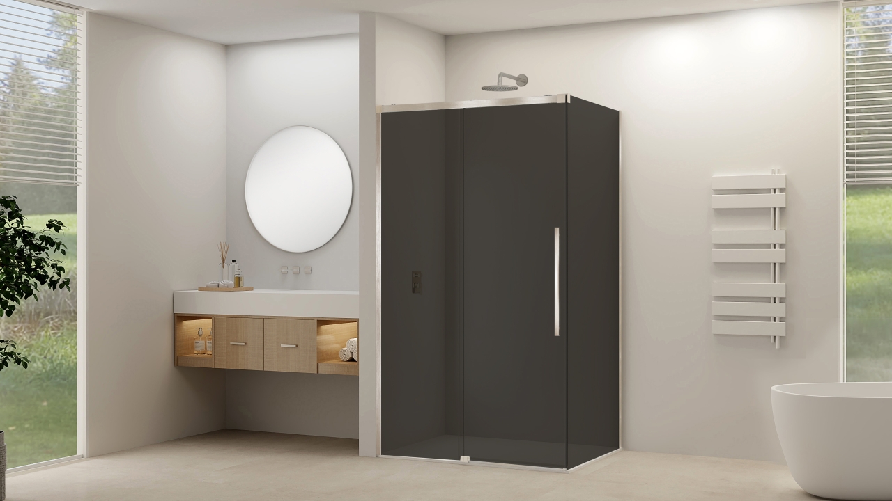 Van Rijn Schuifdeur  Products ST09 Voor Hoekcabine 120x200 cm 8 mm Rookglas Softclose Incl. Beslag en Greep Geborsteld RVS