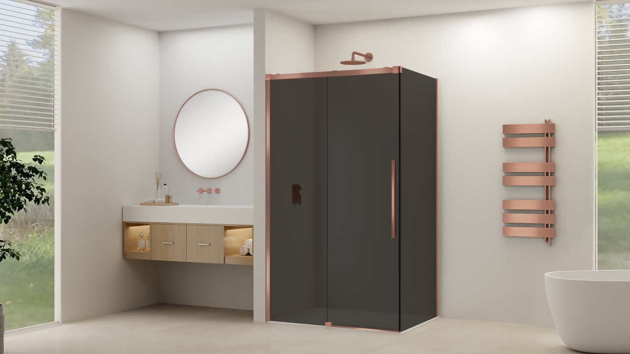 Van Rijn Schuifdeur  Products ST09 Voor Hoekcabine 120x200 cm 8 mm Rookglas Softclose Incl. Beslag en Greep Geborsteld Koper