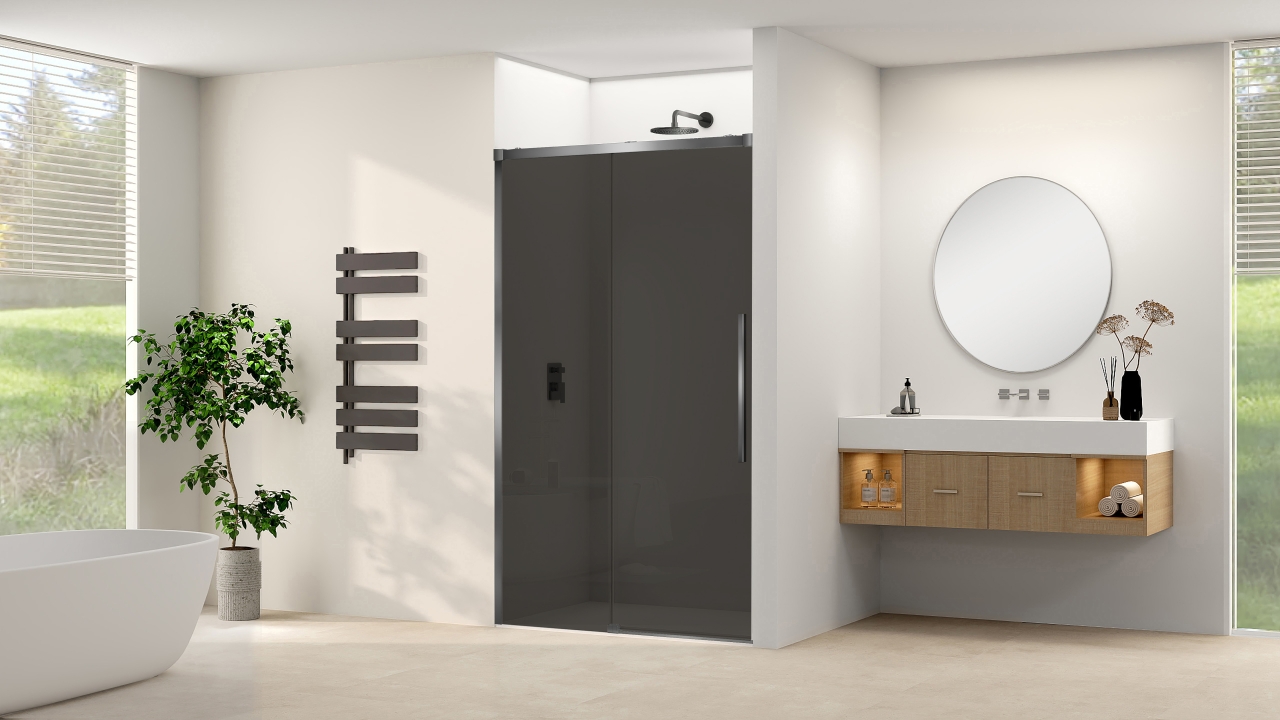 Van Rijn Schuifdeur  Products ST09 Aan Vast Deel 120x200 cm 8 mm Rookglas Softclose Incl. Beslag Geborsteld Gunmetal