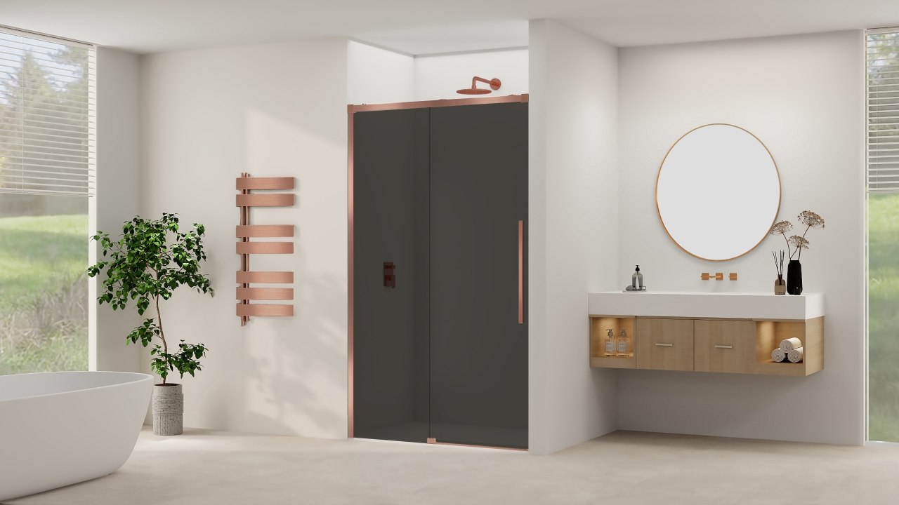 Van Rijn Schuifdeur  Products ST09 Aan Vast Deel 120x200 cm 8 mm Rookglas Softclose Incl. Beslag Geborsteld Koper