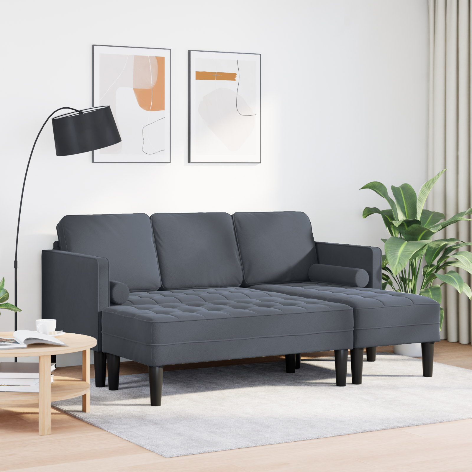 vidaXL Tuinbank L-vormig met bank en kussens fluweel donkergrijs