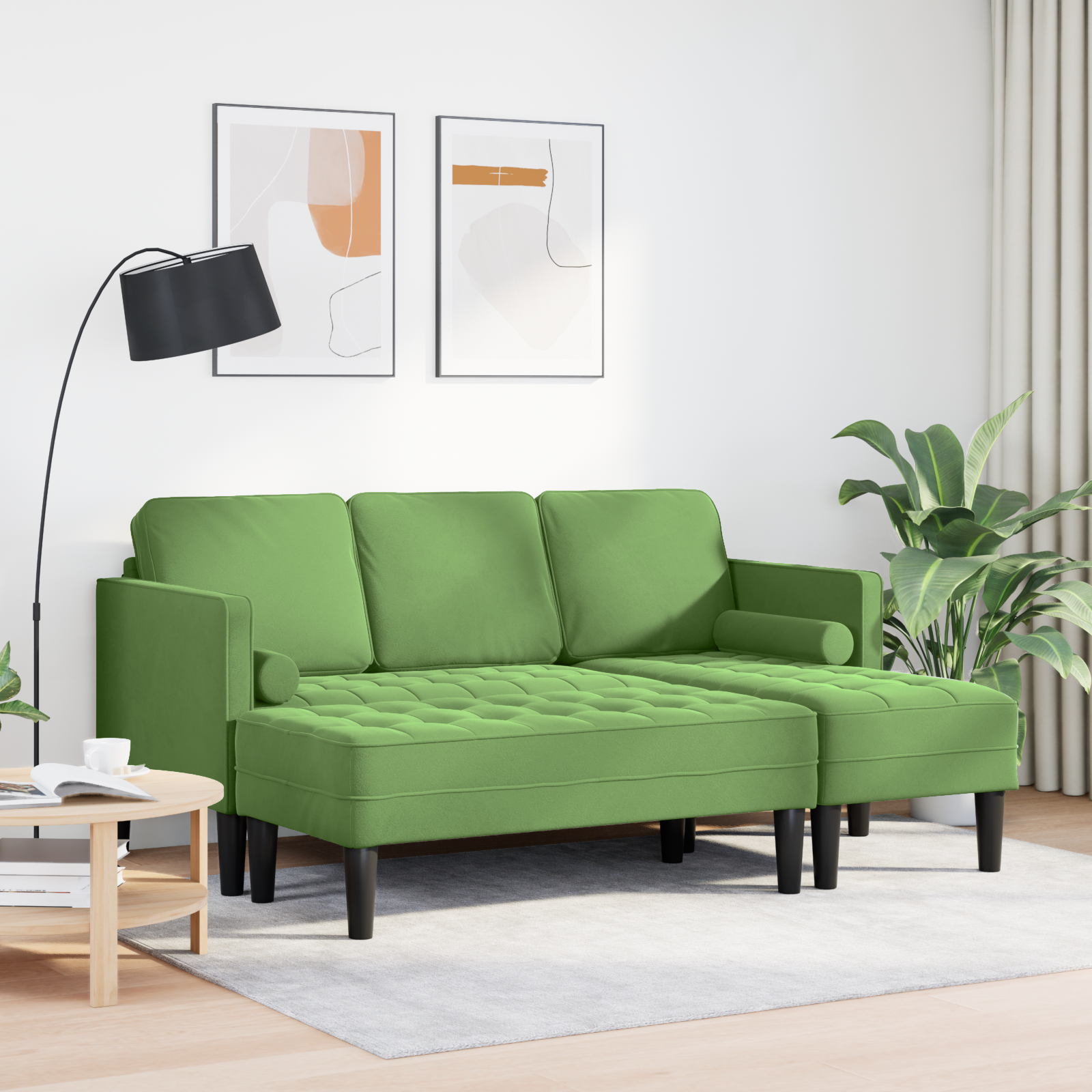 vidaXL Tuinbank L-vormig met bank en kussens fluweel lichtgroen