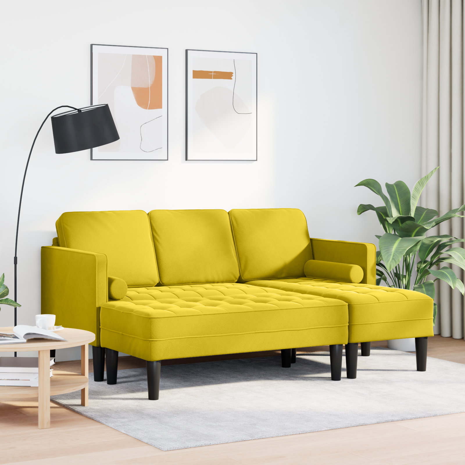 vidaXL Tuinbank L-vormig met bank en kussense fluweel geel