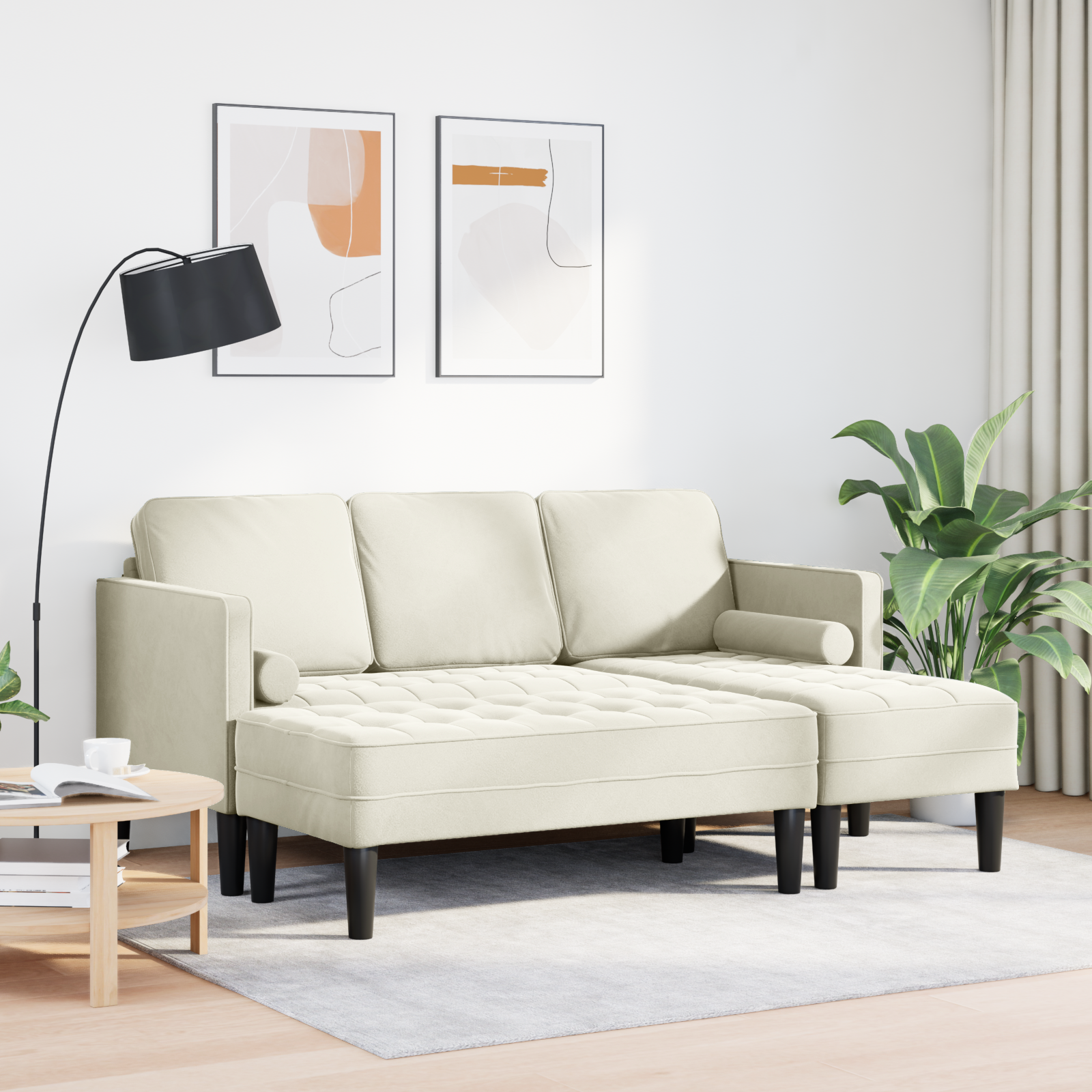 vidaXL Tuinbank L-vormig met bank en kussens fluweel crèmekleurig