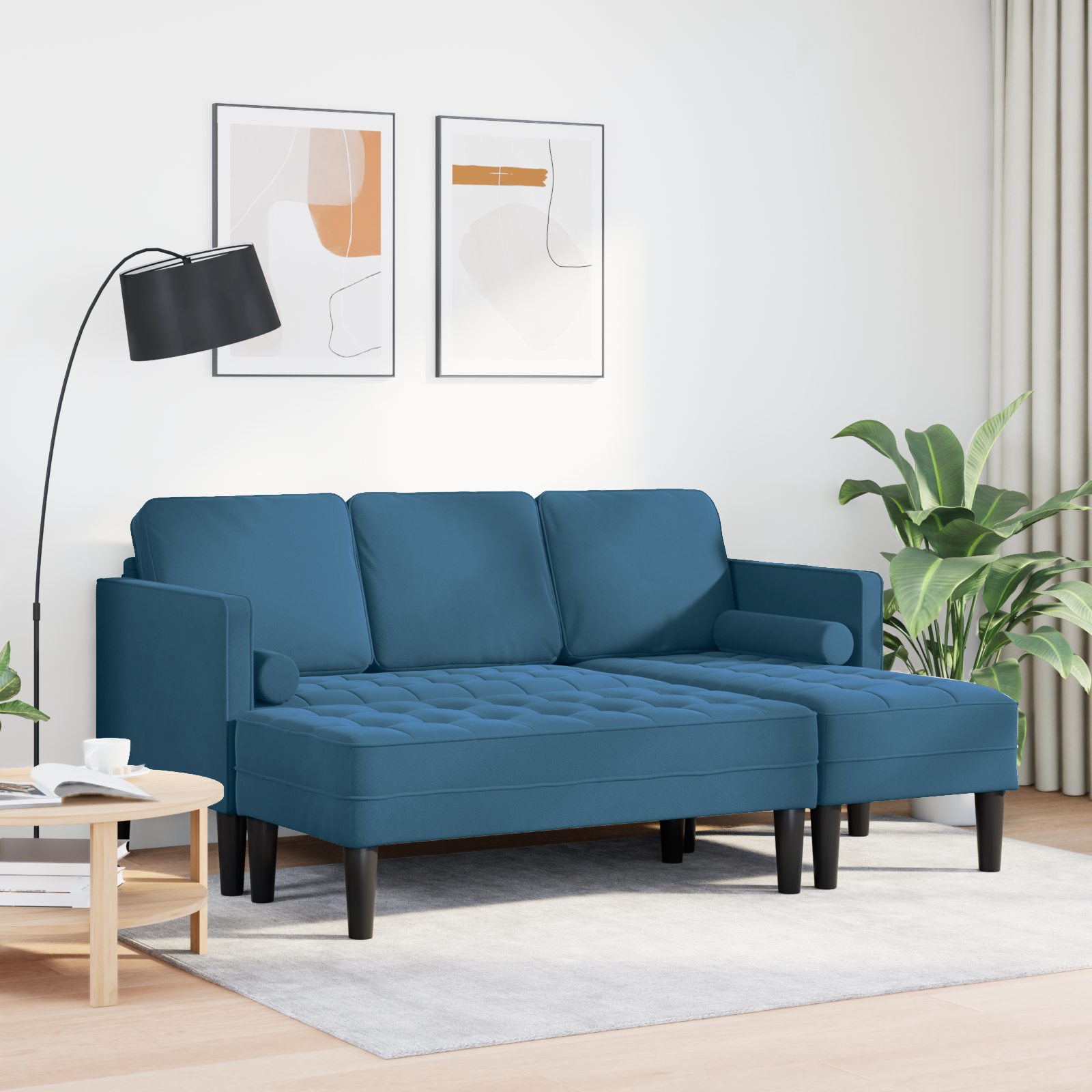 vidaXL Tuinbank L-vormig met bank en kussens fluweel blauw