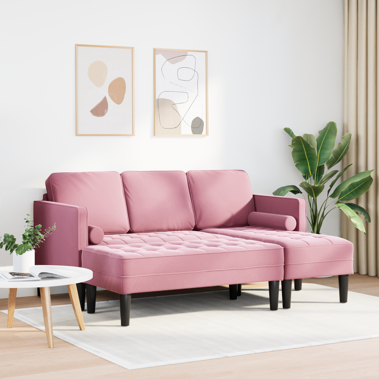 vidaXL Tuinbank L-vormig met bank en kussens fluweel roze