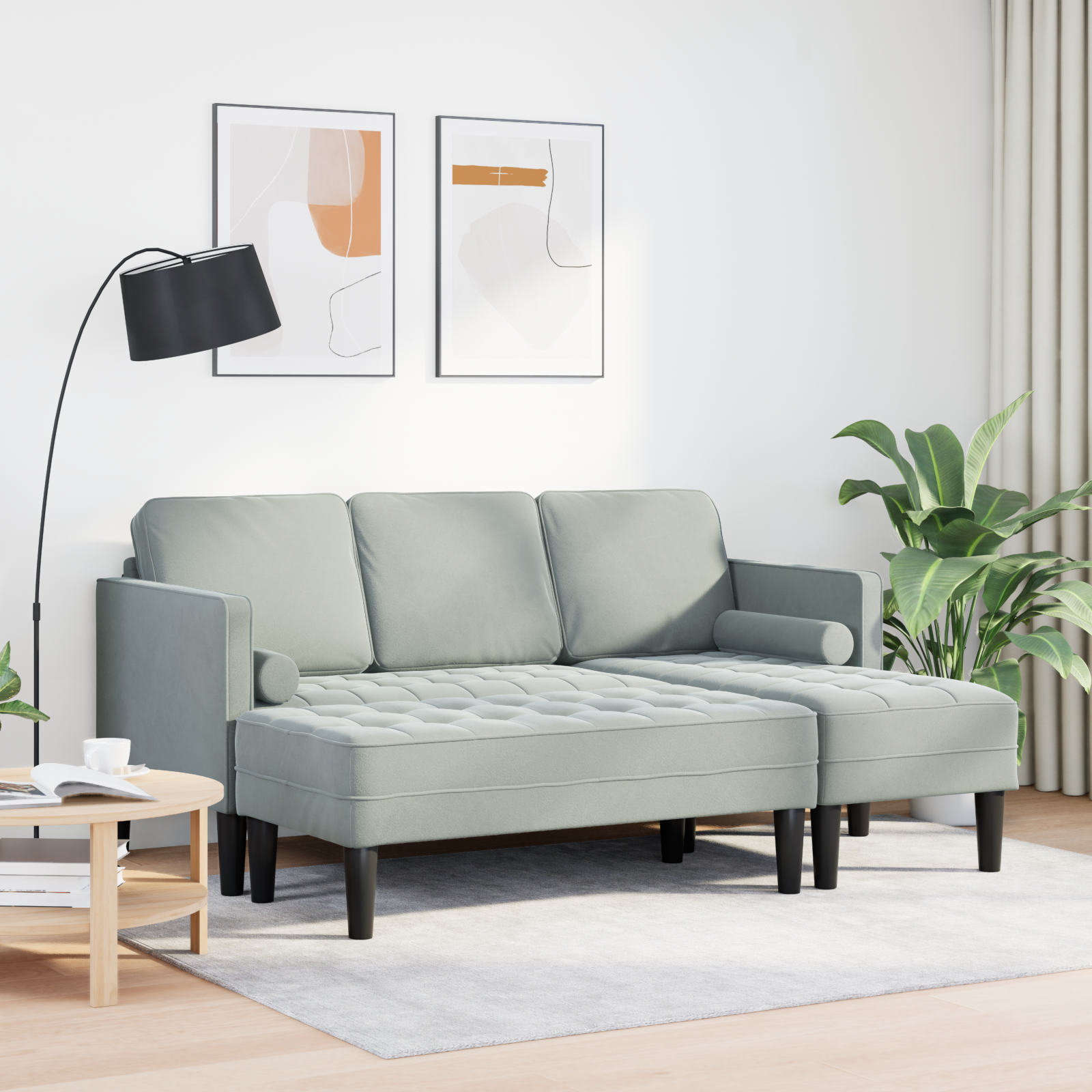 vidaXL Tuinbank L-vormig met bank en kussens fluweel lichtgrijs