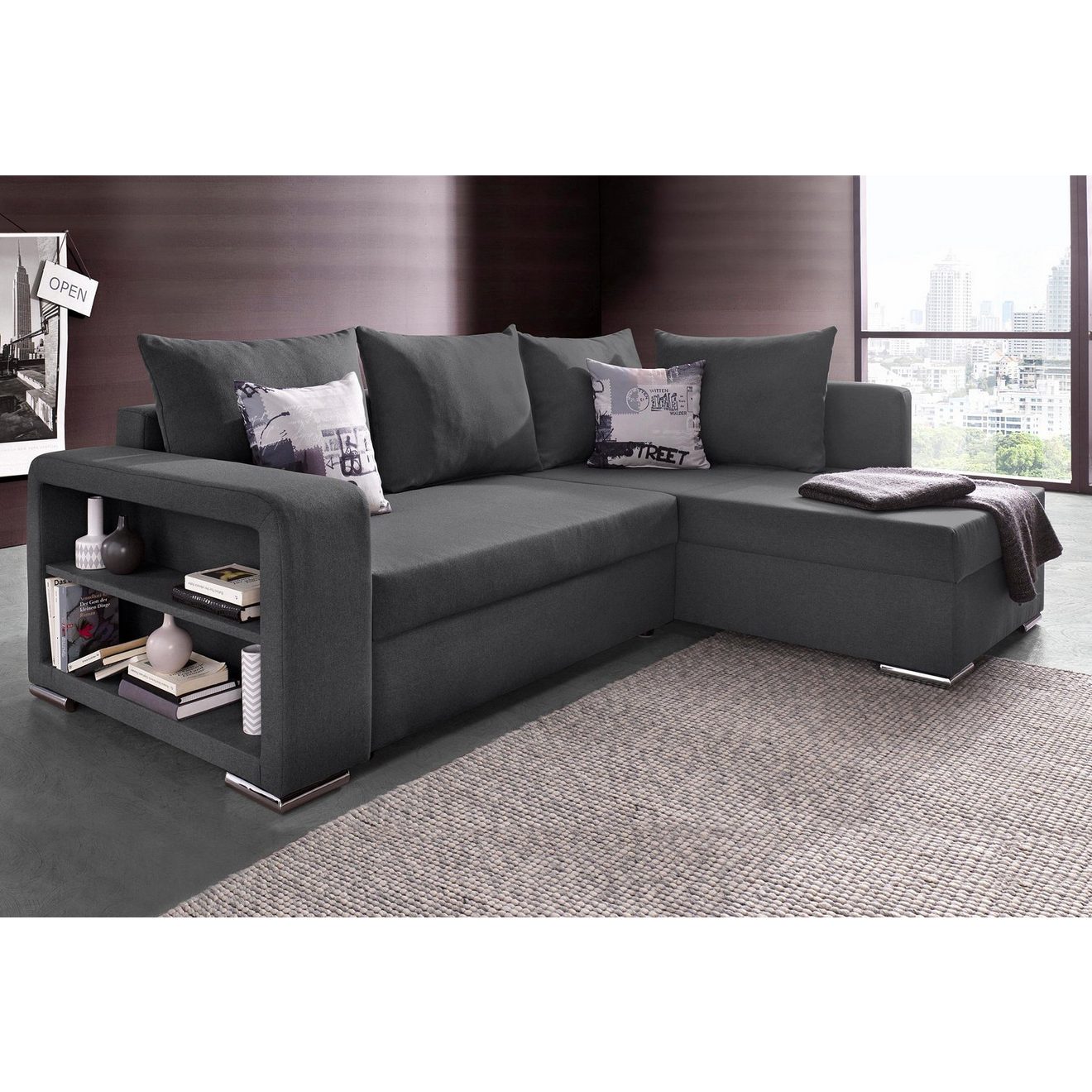 COLLECTION AB Hoekbank John L-vorm met bedfunctie, bedlade en geïntegreerd rek