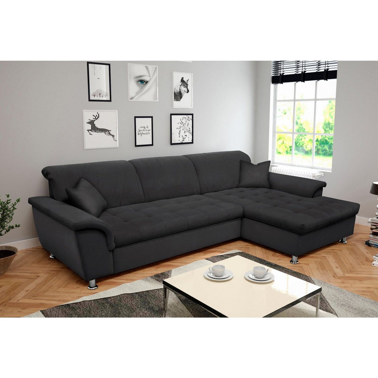 DOMO collection Hoekbank Franzi stiksels op de zitting B7T/H: 278x162x80 cm, L-model naar keuze met slaapfunctie, bedkist en verstelbare hoofdsteun