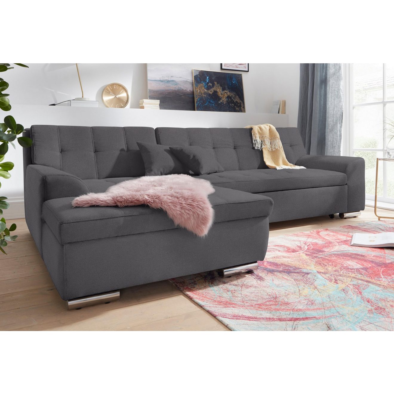DOMO collection Hoekbank Aversa, moderne stiksels in de zitting en rug, gebogen armleuningen,