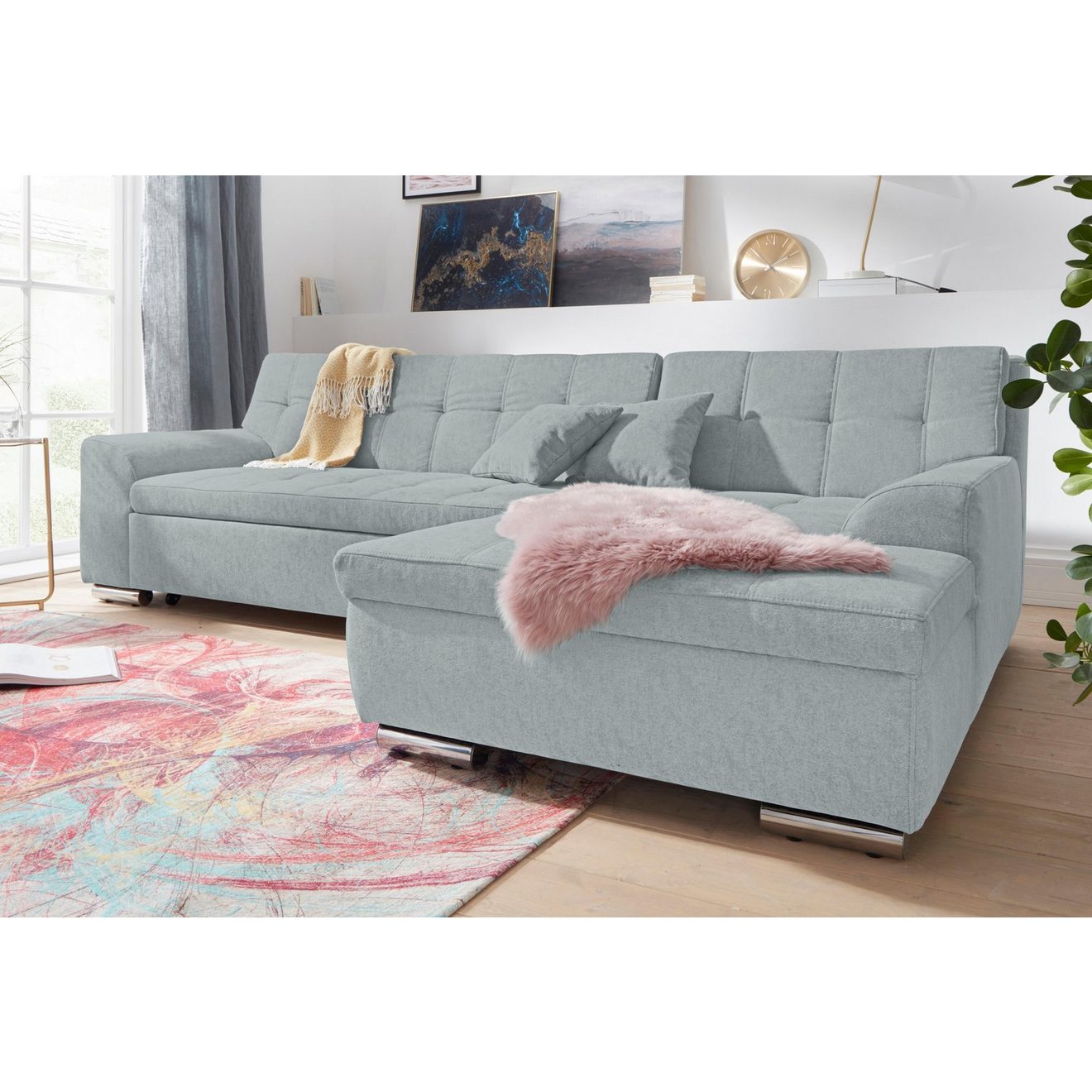 DOMO collection Hoekbank Aversa, moderne stiksels in de zitting en rug, gebogen armleuningen,