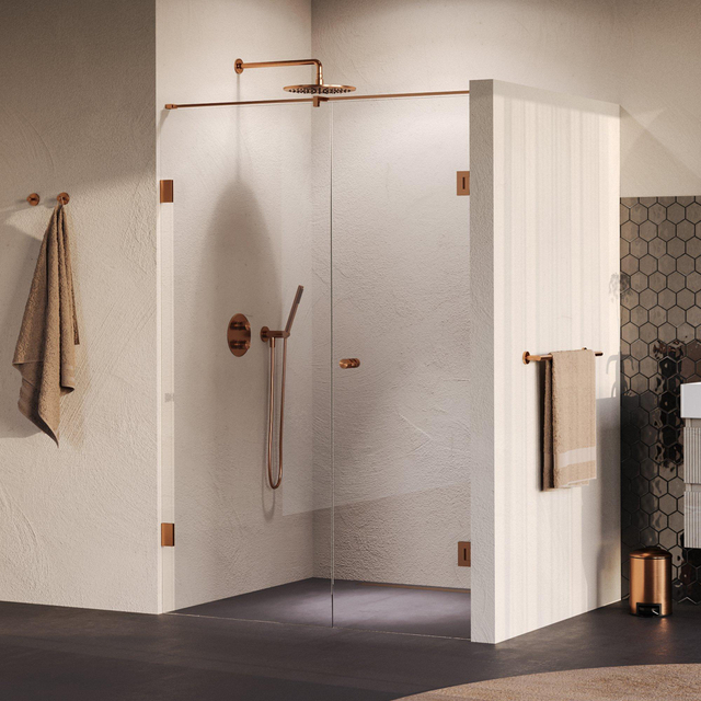 Brauer Void Carving Nisdeur - 2-delig - 140x200cm - 70cm draaideur aan muur - glascoating - omkeerbaar - helder glas - geborsteld koper PVD GS-VOCN2H7070200GK