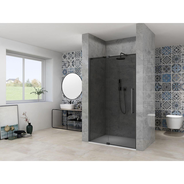 Van Rijn Products ST08 Nis Draaideur - 90x200cm - grijs rookglas - dikte 8mm - 2 delig - muurprofiel - stabilisatiestang - Zwart ST0830090GRZW
