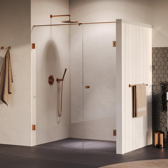 Brauer Void Carving Nisdeur - 2-delig - 150x200cm - 70cm draaideur aan muur - glascoating - omkeerbaar - helder glas - geborsteld koper PVD GS-VOCN2H7080200GK