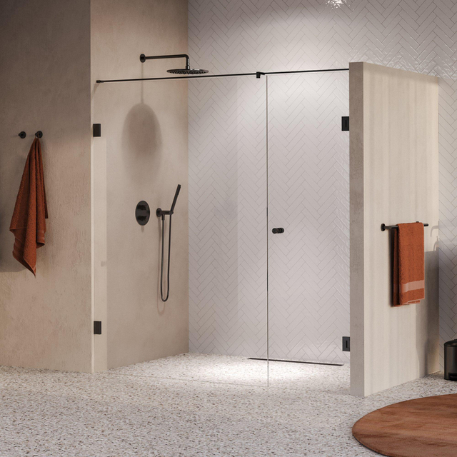 Brauer Void Carving Nisdeur - 2-delig - 190x200cm - 70cm draaideur aan muur - glascoating - omkeerbaar - helder glas - geborsteld gunmetal PVD GS-VOCN2H70120200GM