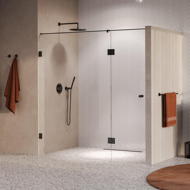 Brauer Void Carving Nisdeur - 2-delig - 200x200cm - 70cm draaideur aan glas - glascoating - omkeerbaar - helder glas - geborsteld gunmetal PVD GS-VOCN3H70130200GM