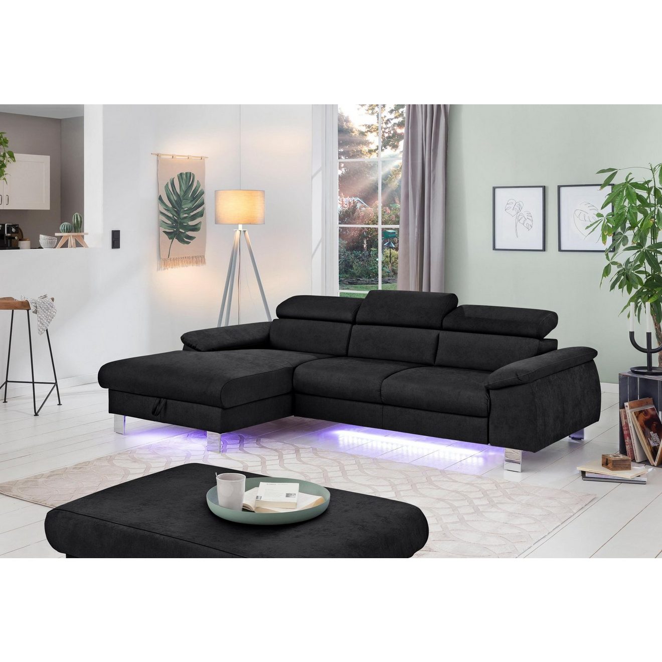 COTTA Hoekbank Komaris L-vorm met hoofdeindeverstelling keuze met bedfunctie, bedlade & verlichting