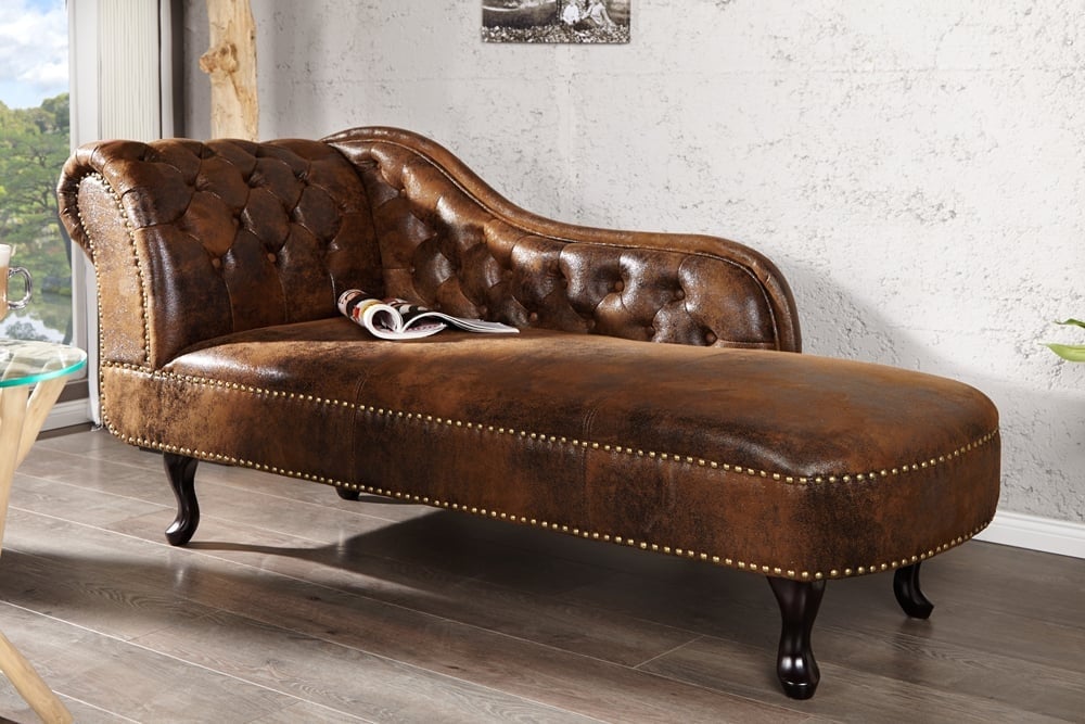 Invicta Interior Chesterfield chaise longue 170cm antiekbruin met knoopstiksel en klinknagels - 21628