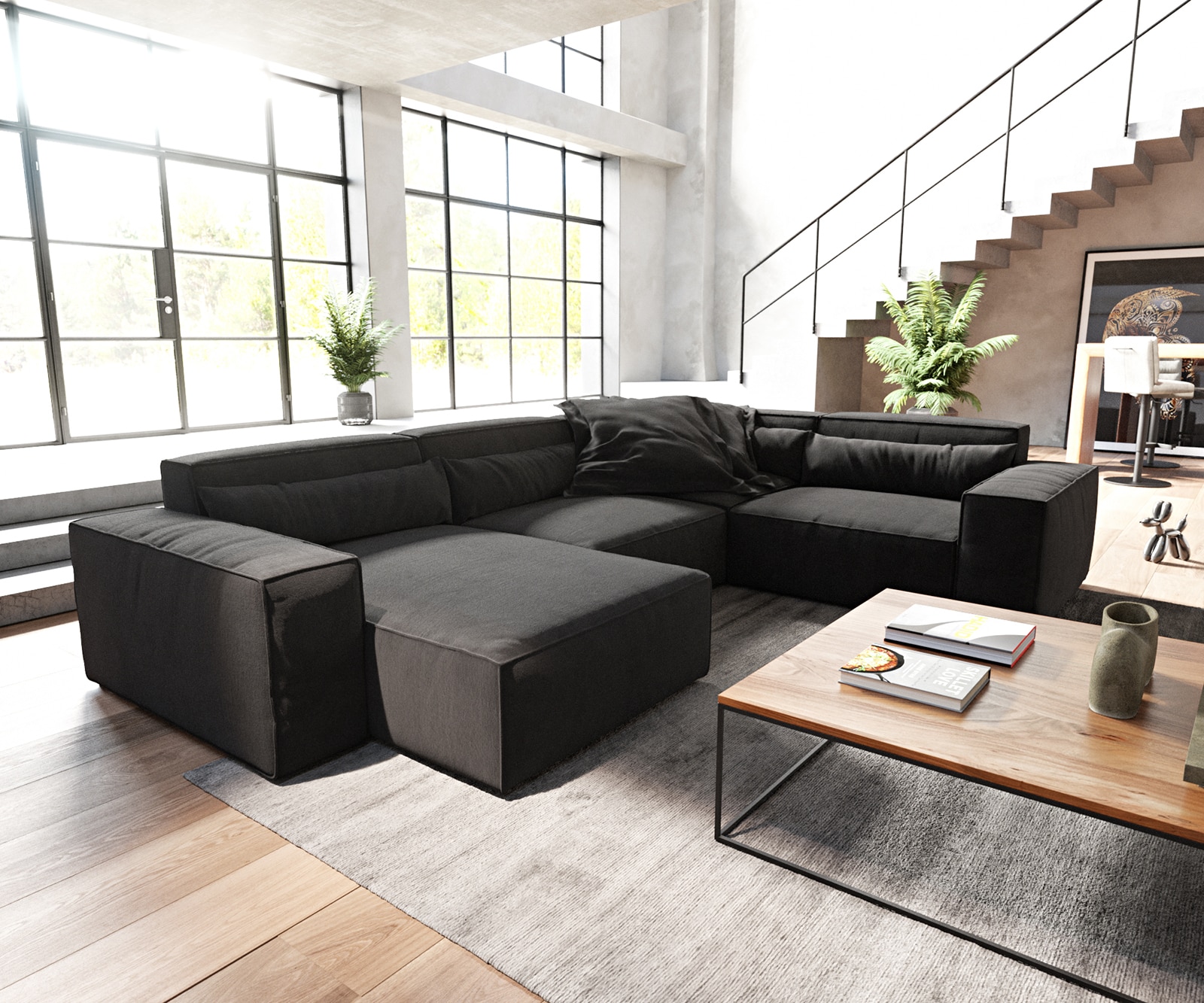 DELIFE Wohnlandschaft Sirpio 300x200 cm Mikrofaser Schwarz Recamiere variabel